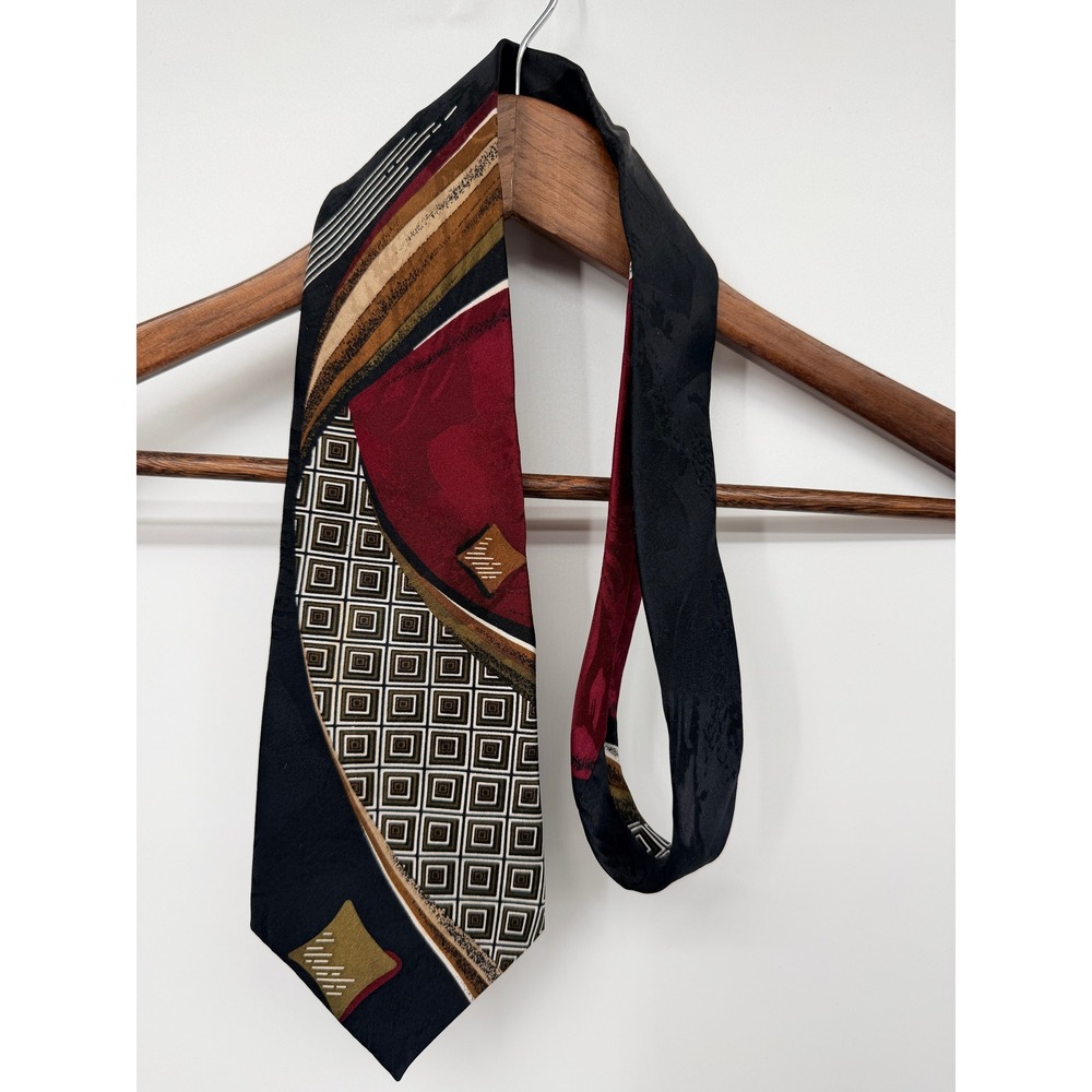 Monsieur Givenchy Necktie Mens OS Burgundy Black Gold Vintage Silk Geometric